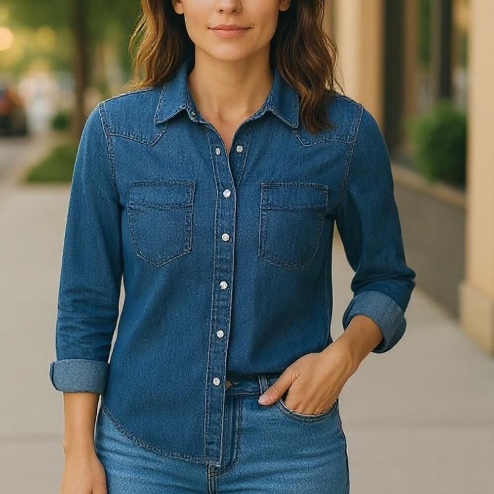 Gap Western Pearl Snap Front 100% Cotton Yoke Shoulders Denim Jean Shirt Size XS